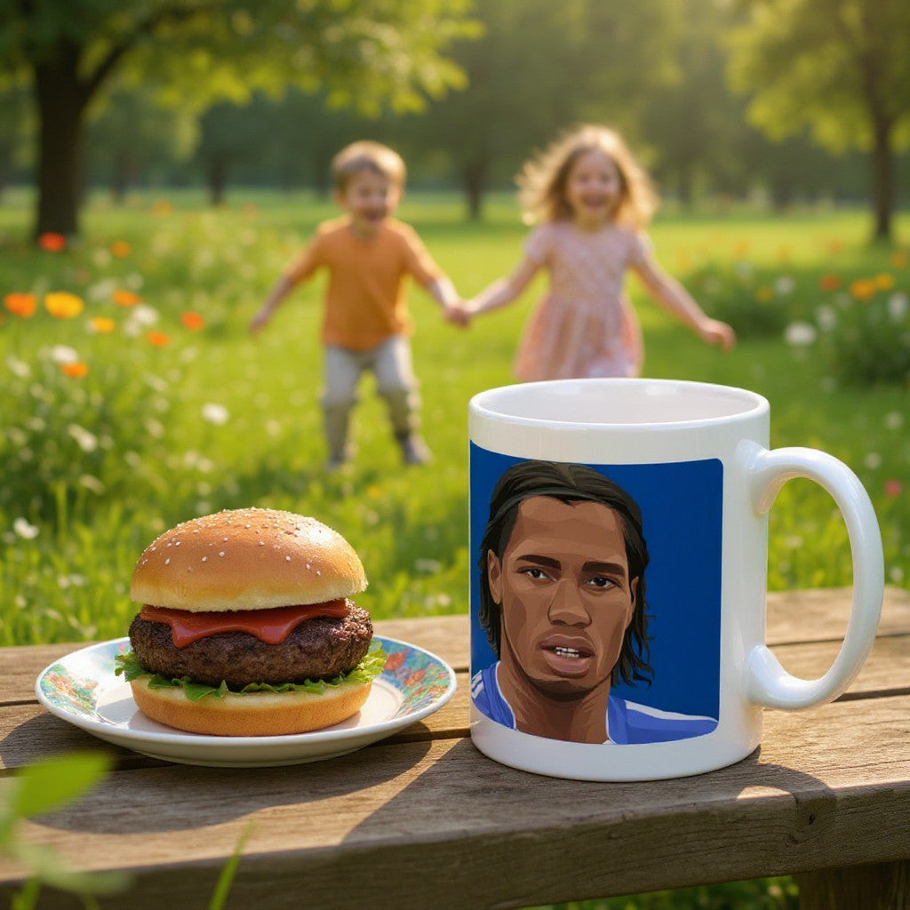 Retrotext Chelsea 2007 League Cup Winners Didier Drogba mug with glossy white finish on a wooden table with a burger