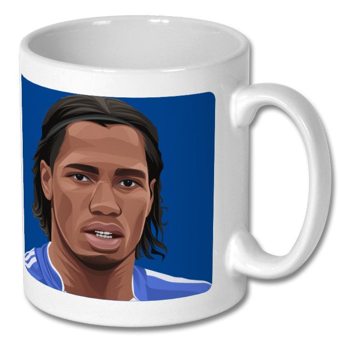 Retrotext white ceramic mug featuring a graphic illustration of Didier Drogba in his Chelsea kit