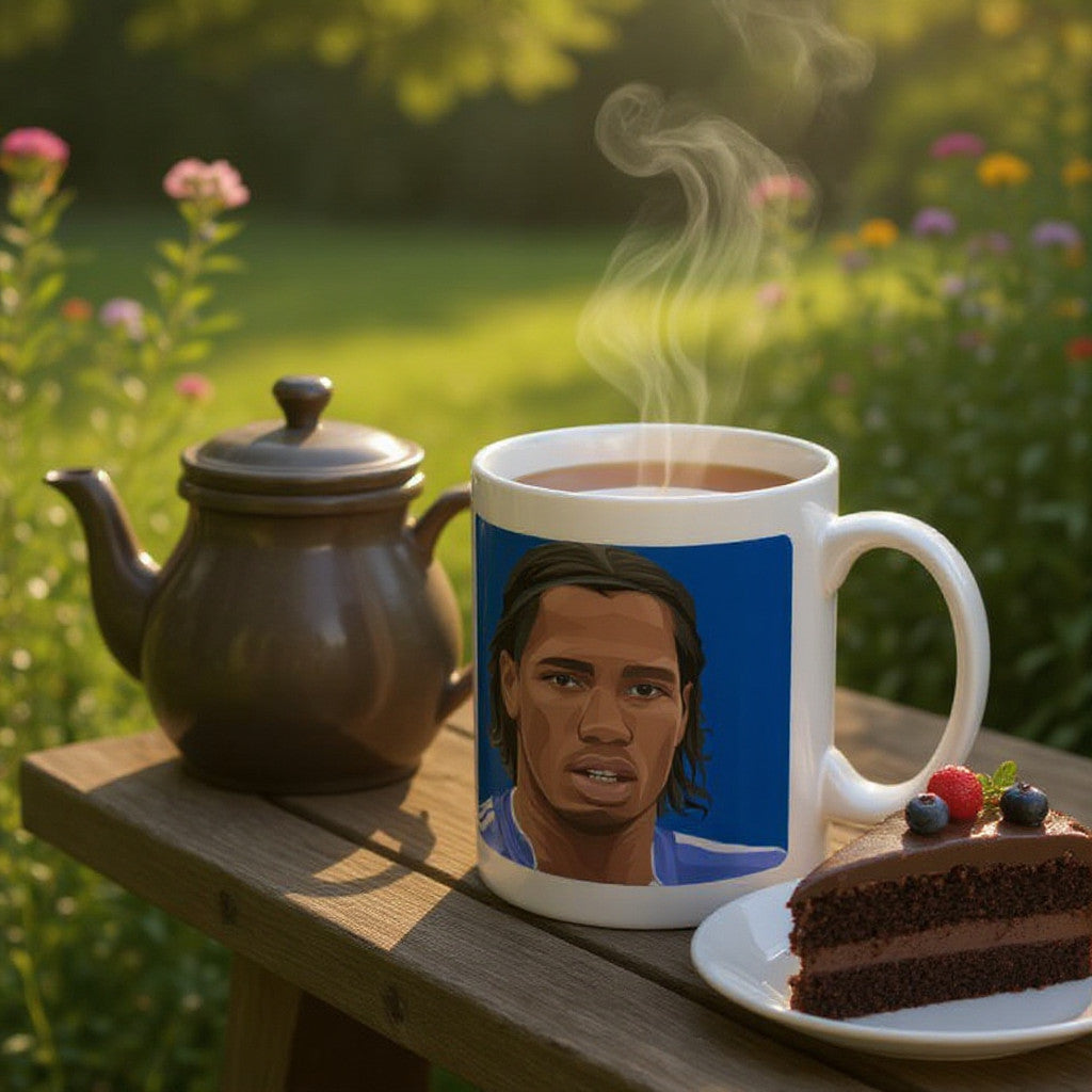 Retrotext Chelsea 2007 FA Cup ceramic mug featuring a Didier Drogba illustration, steaming on a garden table.