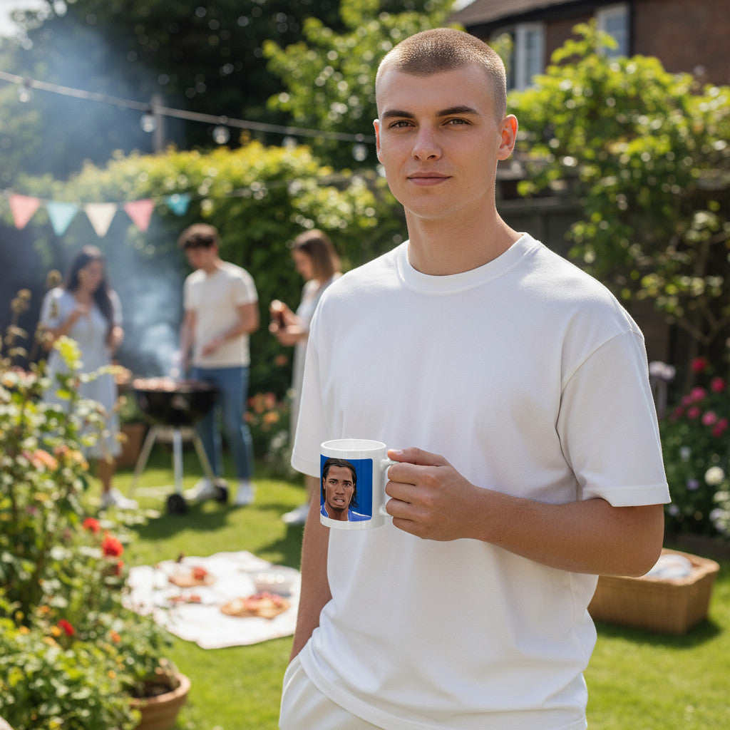 Retrotext white ceramic mug featuring Didier Drogba 2012 FA Cup graphic held by a man at a sunny garden barbecue