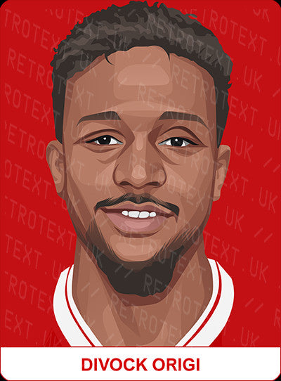 Retrotext personalised Liverpool Legends mug featuring a digital illustration of Divock Origi on a red background