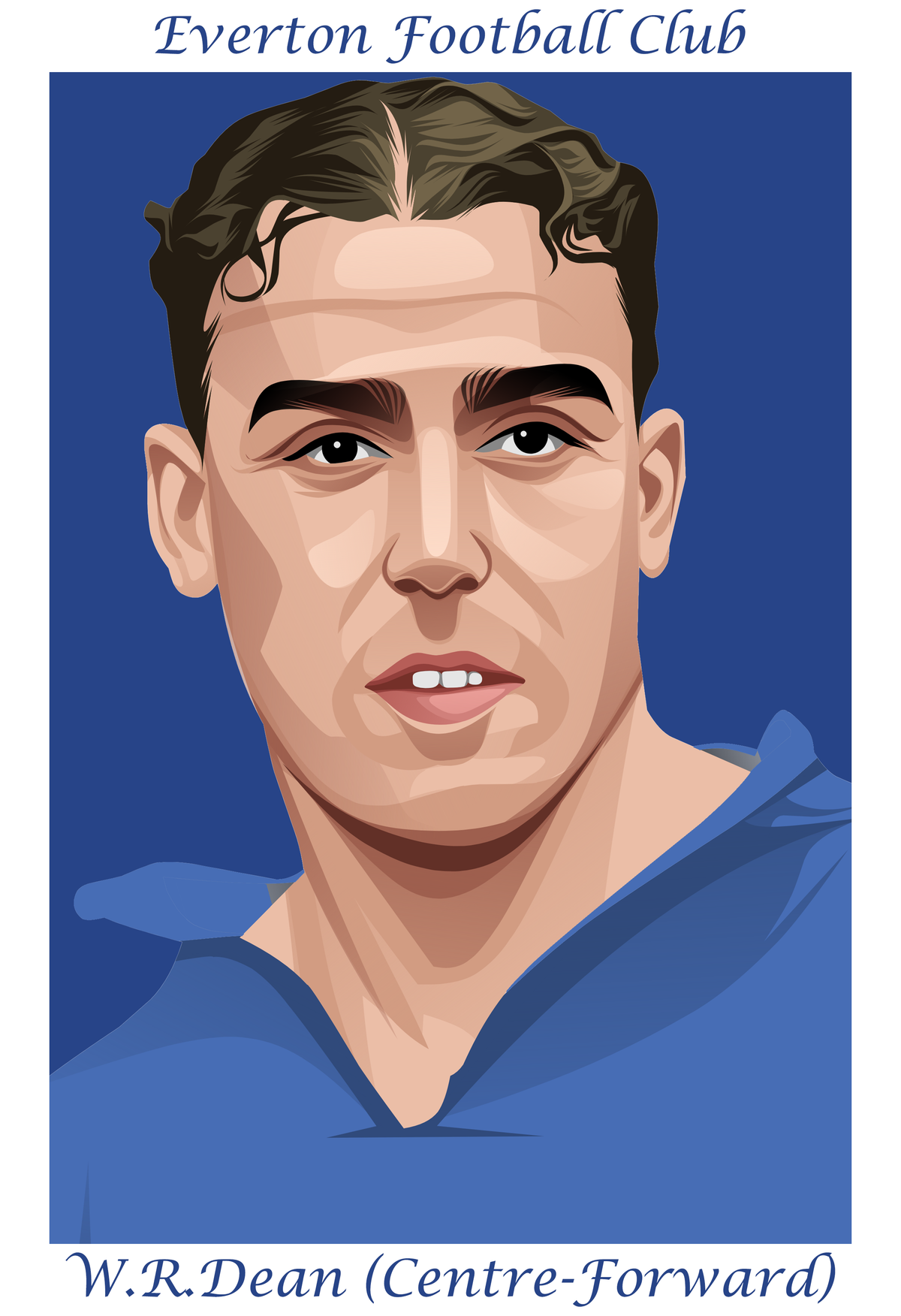 Retrotext illustration of Everton legend Dixie Dean in a blue kit with Everton Football Club text above