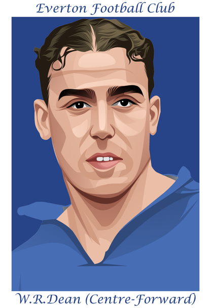 Retrotext illustration of Everton legend Dixie Dean in a blue kit with Everton Football Club text above