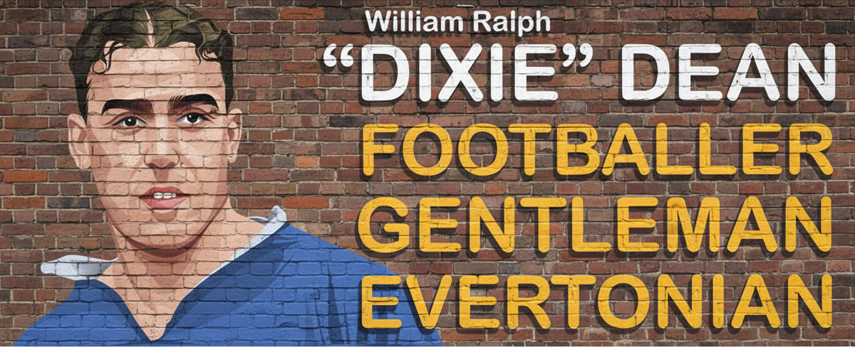 Retrotext Everton Dixie Dean mug featuring a portrait of the legendary footballer against a brick wall background