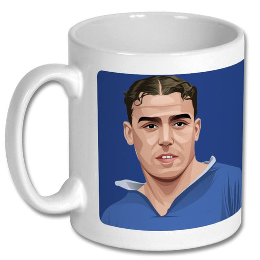 Retrotext Everton 1933 FA Cup Winners ceramic mug featuring a blue illustration of legendary striker Dixie Dean