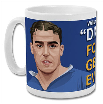 Retrotext white ceramic mug featuring a portrait of Everton legend Dixie Dean with blue background and yellow text