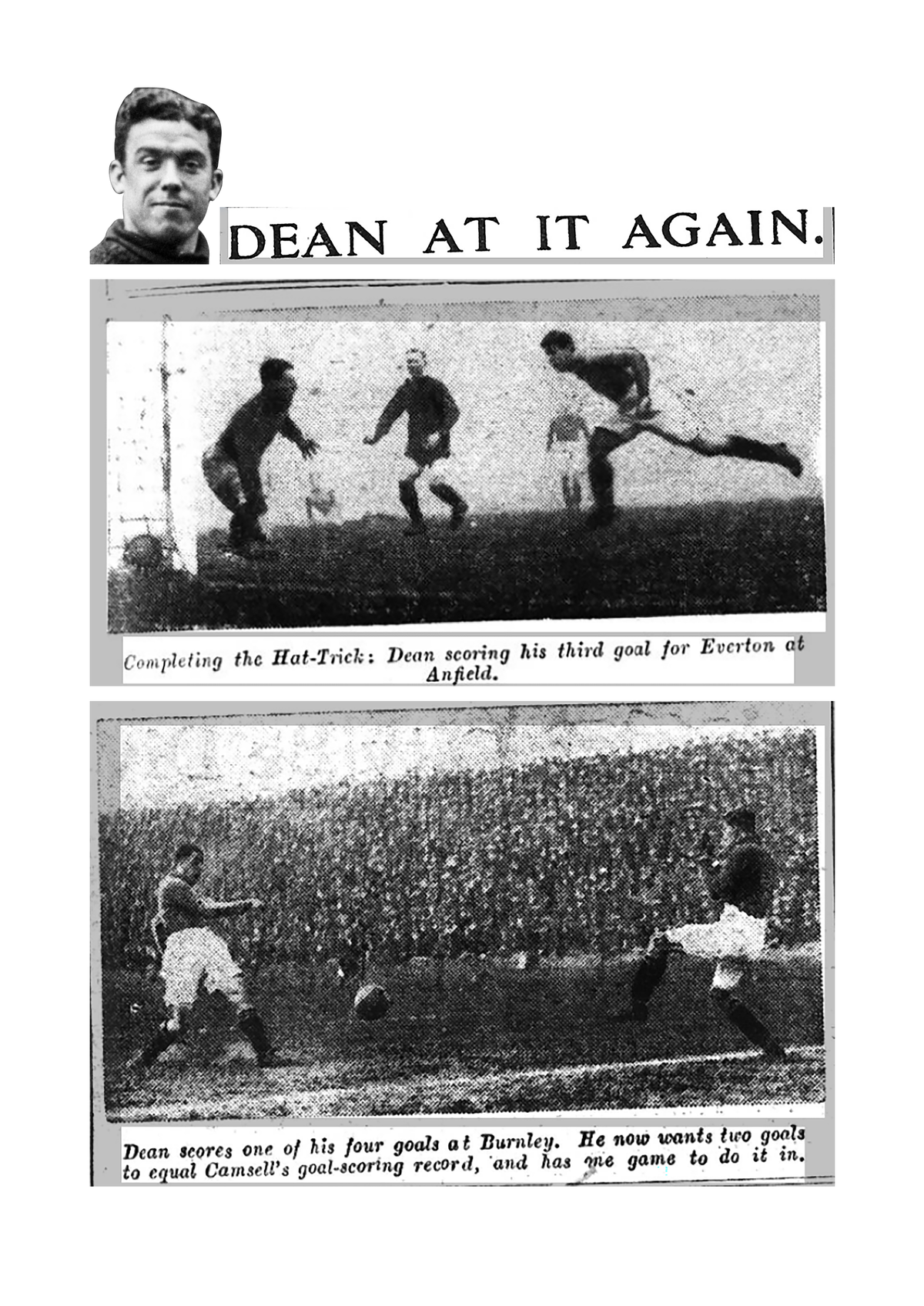 Retrotext Dixie's Sixty book page showing vintage newspaper photos of Dixie Dean scoring goals for Everton FC