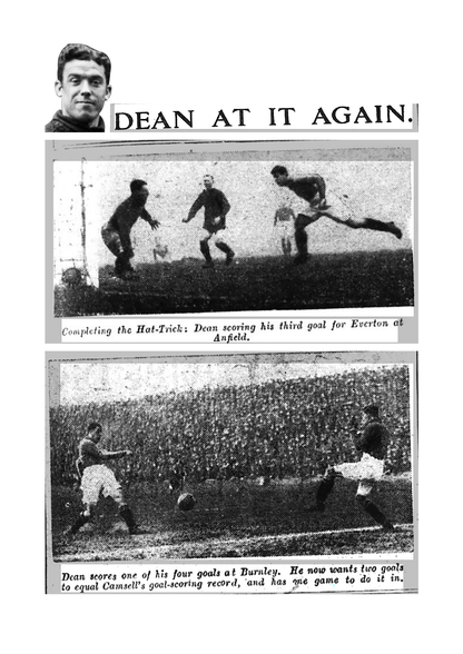Retrotext Dixie's Sixty book page showing vintage newspaper photos of Dixie Dean scoring goals for Everton FC