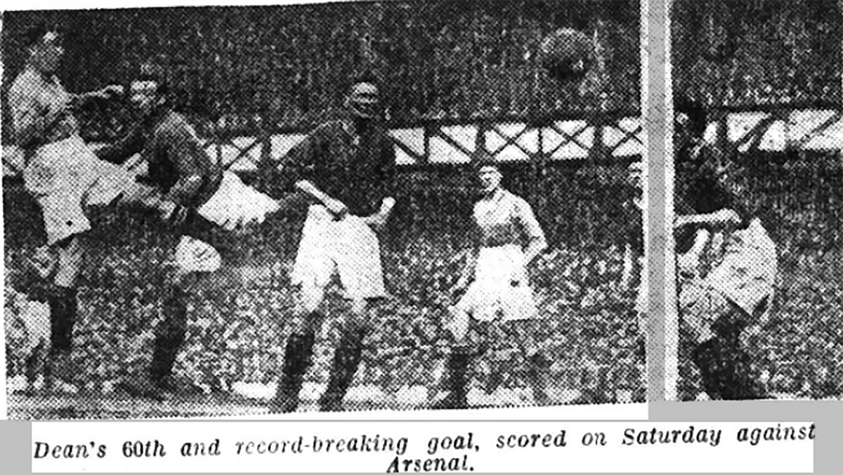 Retrotext book page showing a vintage black and white photograph of Dixie Dean scoring his 60th goal against Arsenal.