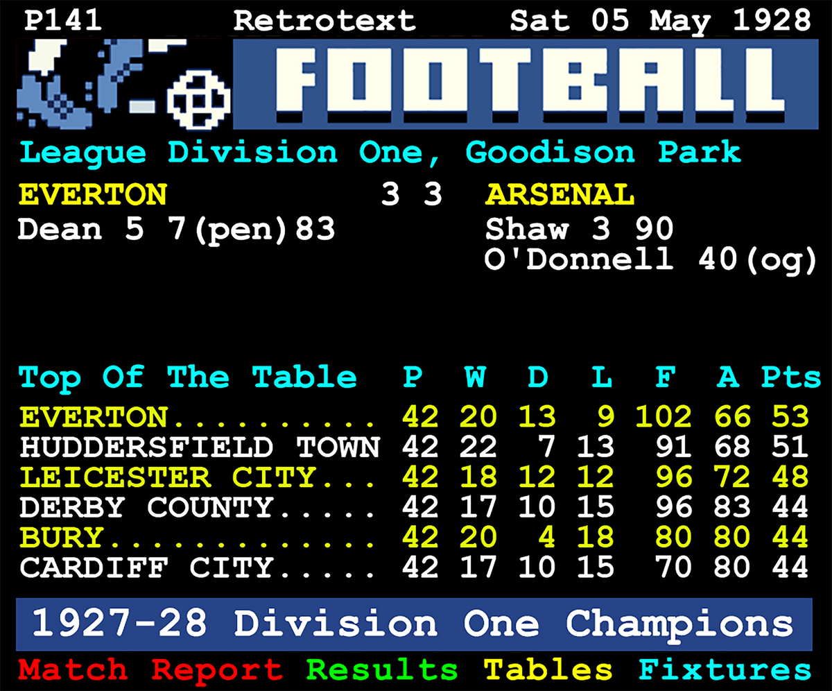 Retrotext Dixie's Sixty book page showing the 1927-28 Everton league table and match report against Arsenal