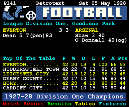 Retrotext Dixie's Sixty book page showing the 1927-28 Everton league table and match report against Arsenal