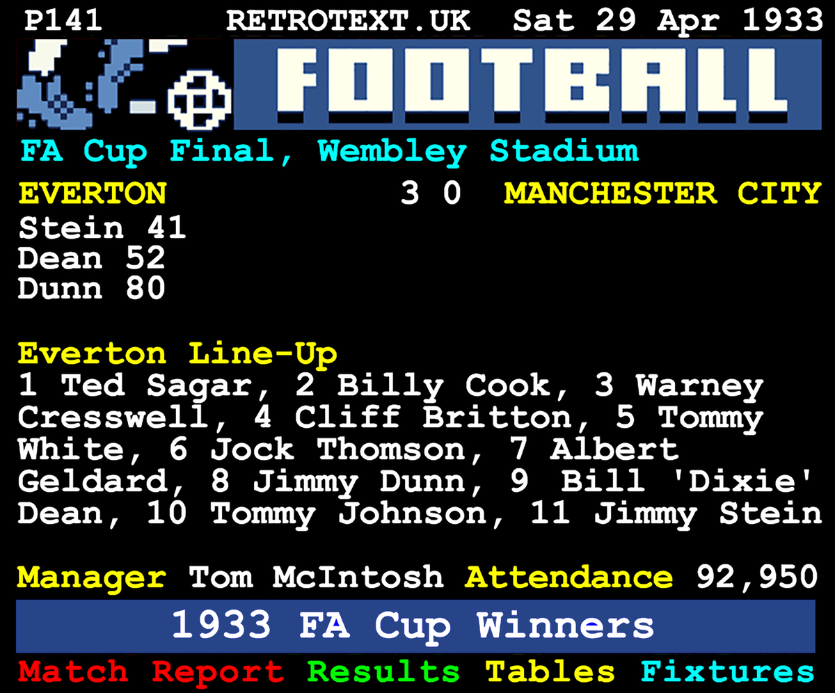 Retrotext book page detailing the 1933 FA Cup Final between Everton and Manchester City with team line-ups