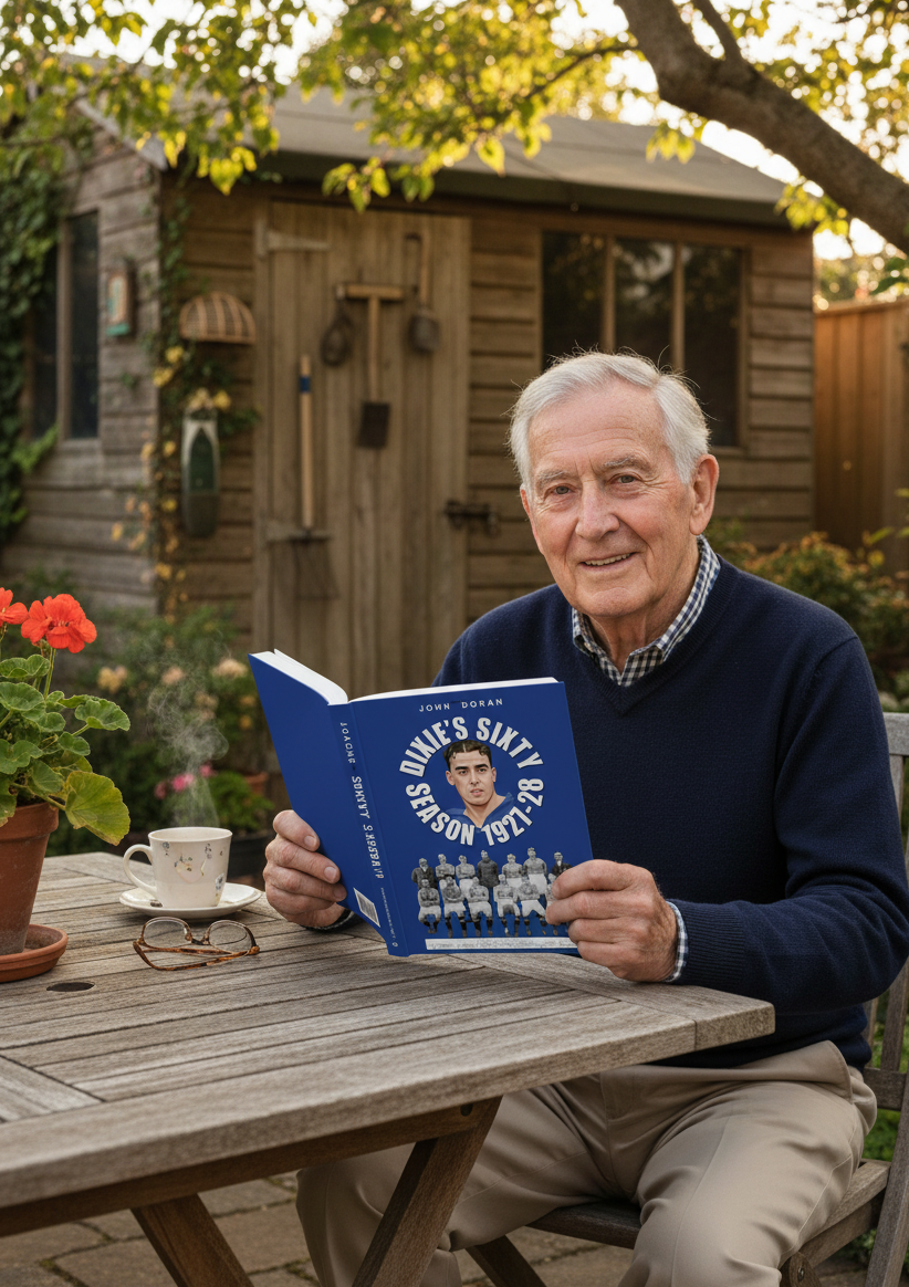 An older man reading the Retrotext book Dixie's Sixty: Season 1927-28 while sitting at a wooden garden table.