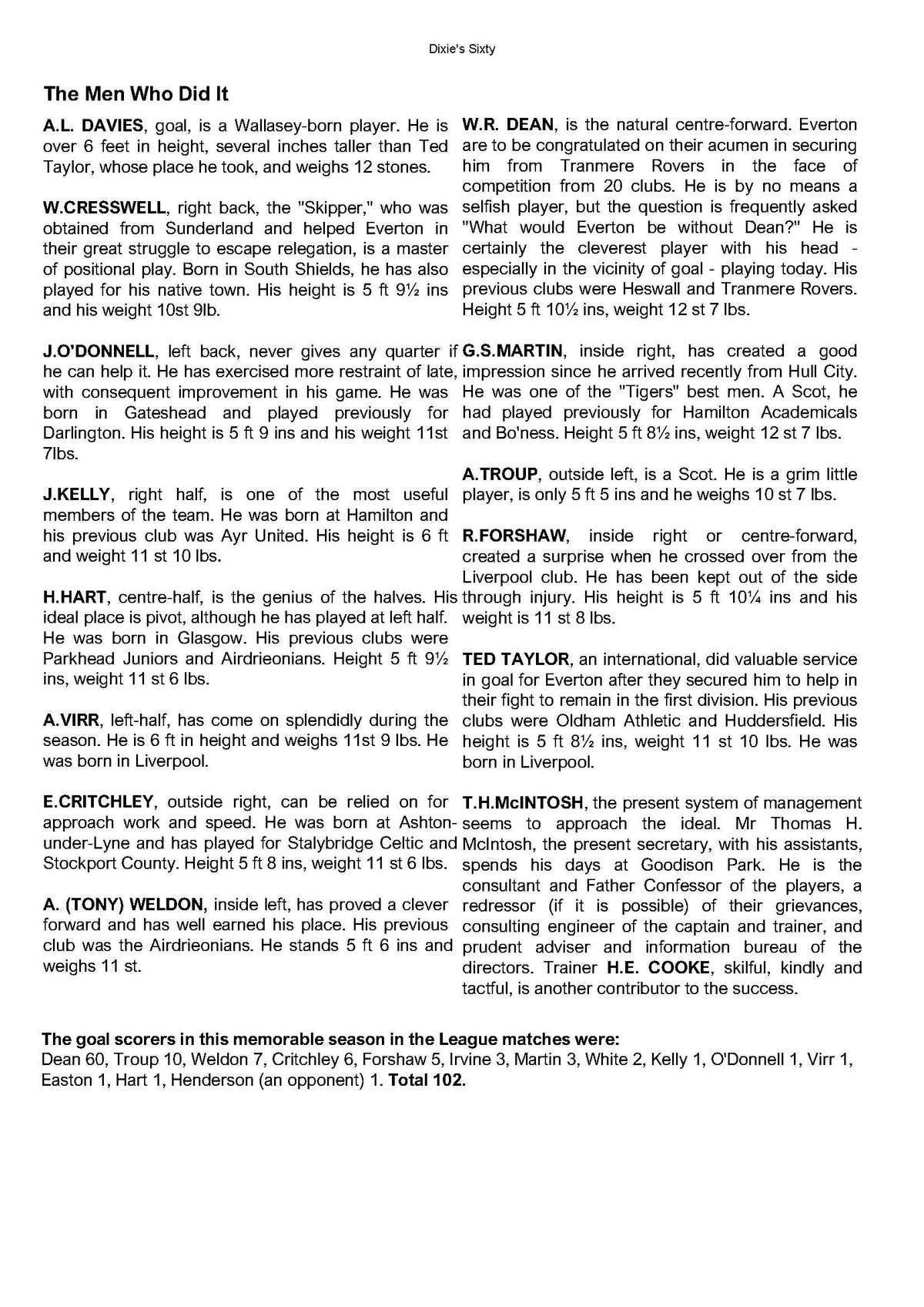 Retrotext Dixie's Sixty book page showing player profiles and goal scoring statistics for the 1927-28 football season.