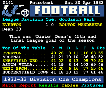 Retrotext Dixie's Sixty book page showing 1932 Everton football league table and Dixie Dean's final goal statistics.