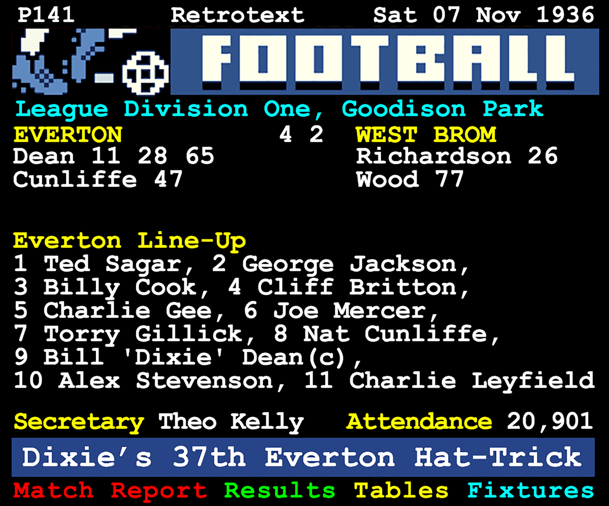 Retrotext Dixie's Sixty book page showing the 1936 Everton vs West Brom football match report and team line-up.