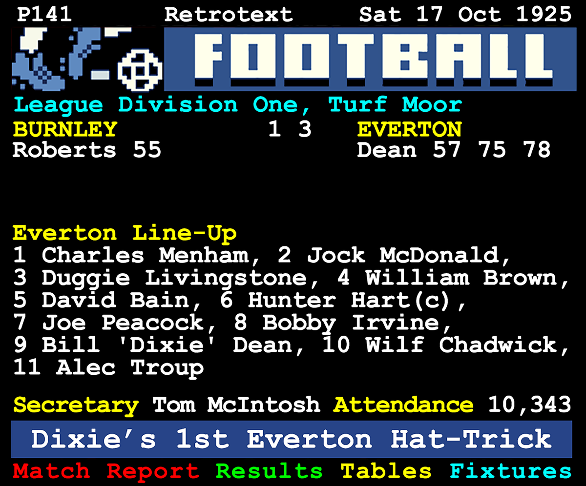 Retrotext Dixie's Sixty book page showing the 1927-28 Everton match report featuring Dixie Dean's first hat-trick.