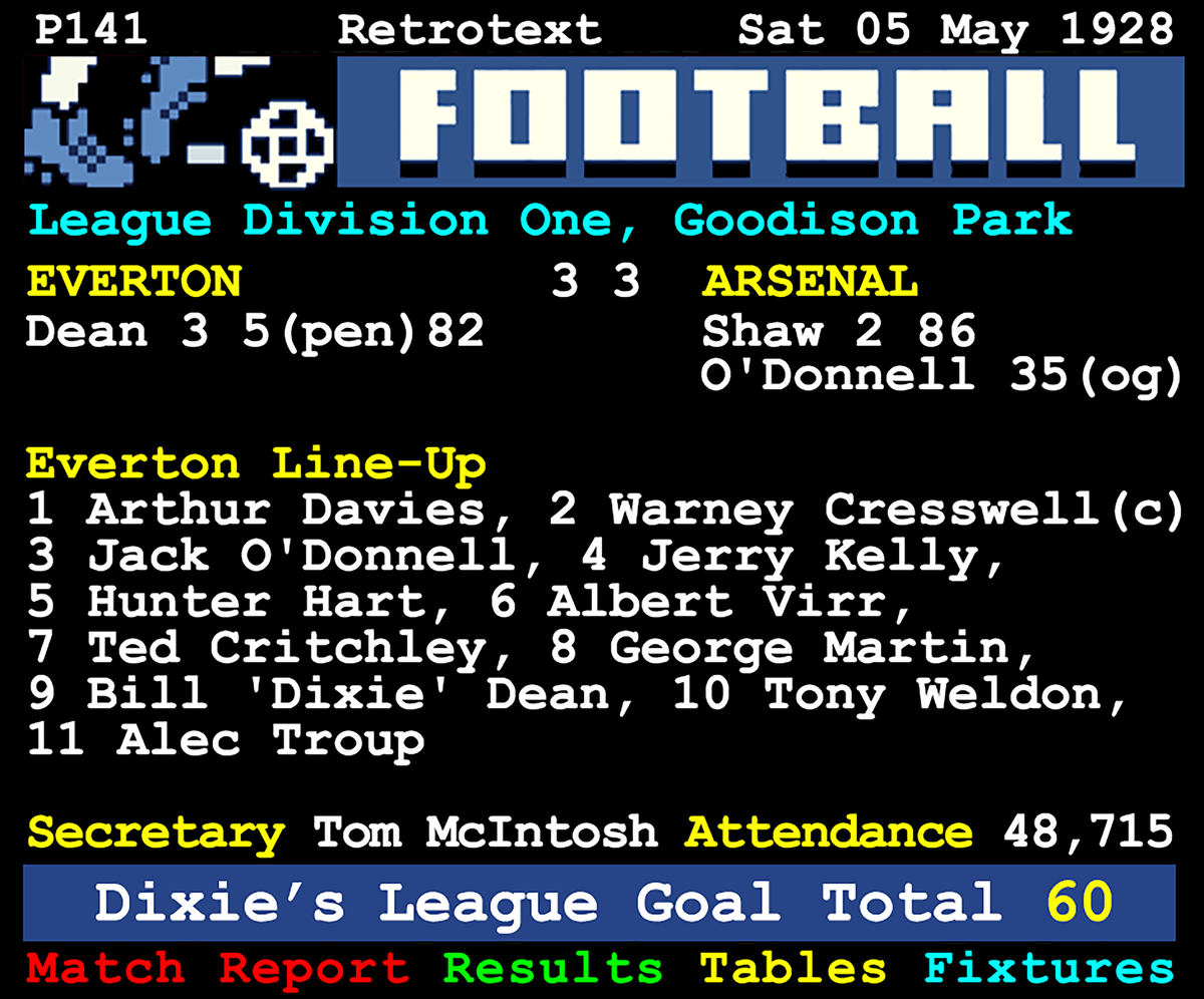 Retrotext Dixie's Sixty book page showing the 1928 Everton vs Arsenal match report and Dixie Dean's goal statistics.