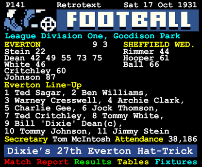 Retrotext Dixie's Sixty book page showing a 1931 Everton football match report with Dixie Dean scoring five goals