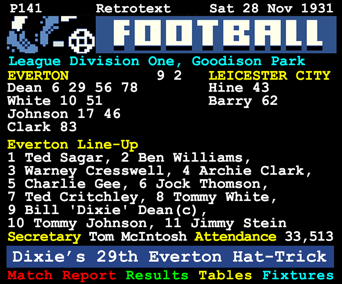 Retrotext Dixie's Sixty book page showing a 1931 Everton football match report with goal scorers and team line-up.