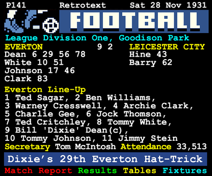 Retrotext Dixie's Sixty book page showing a 1931 Everton football match report with goal scorers and team line-up.