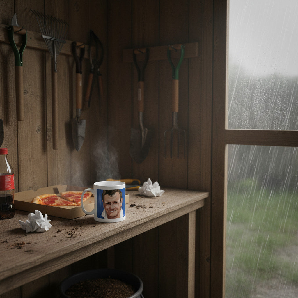 Retrotext 11oz glossy white mug featuring a Don Revie Leeds United 1972 FA Cup graphic on a rustic wooden workbench.