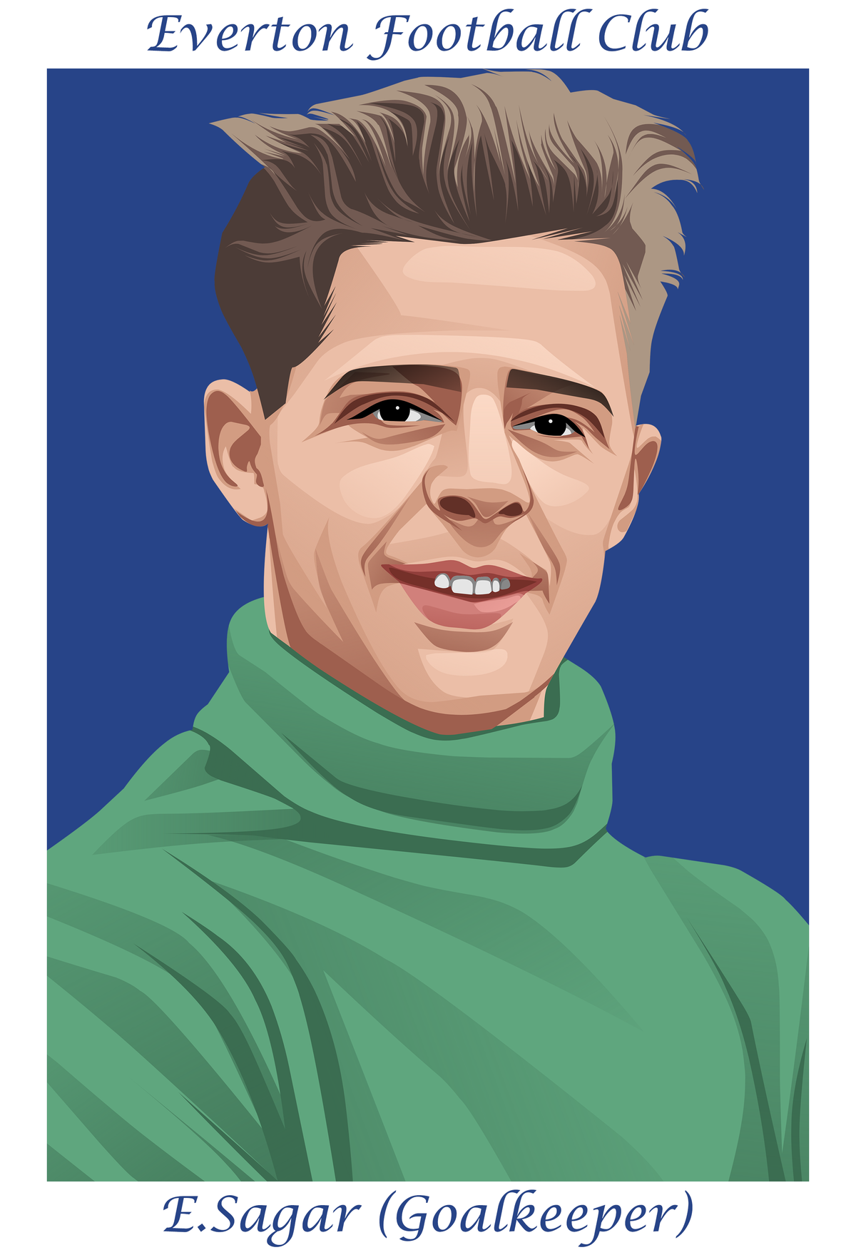 Retrotext illustration of Everton goalkeeper E. Sagar wearing a green turtleneck sweater against a blue background.