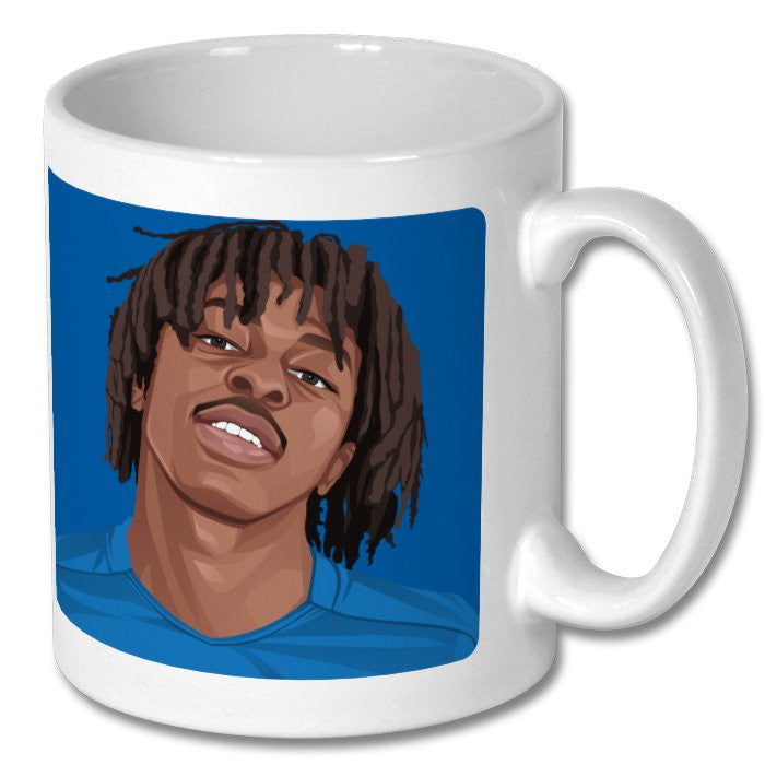 Retrotext white ceramic mug featuring a vibrant illustration of Eberechi Eze celebrating the 2025 FA Cup victory