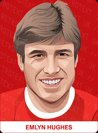 Retrotext personalised Liverpool Legends mug featuring a vibrant illustrated portrait of Emlyn Hughes on red background