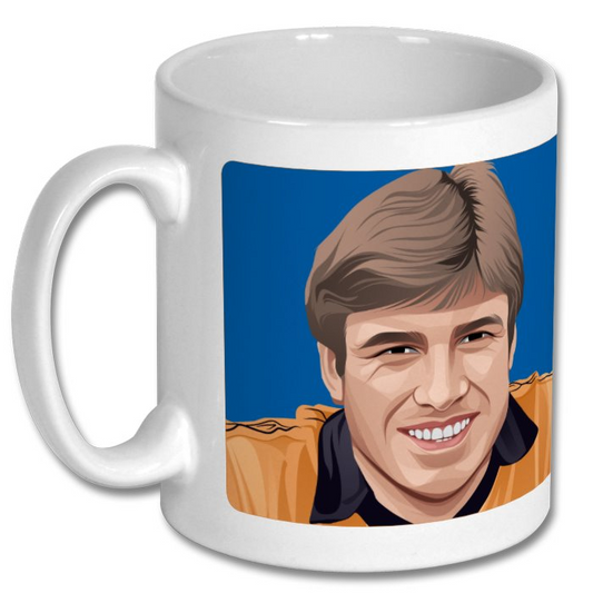 Retrotext Wolverhampton Wanderers 1980 League Cup Emlyn Hughes illustration on a glossy white 11oz ceramic mug