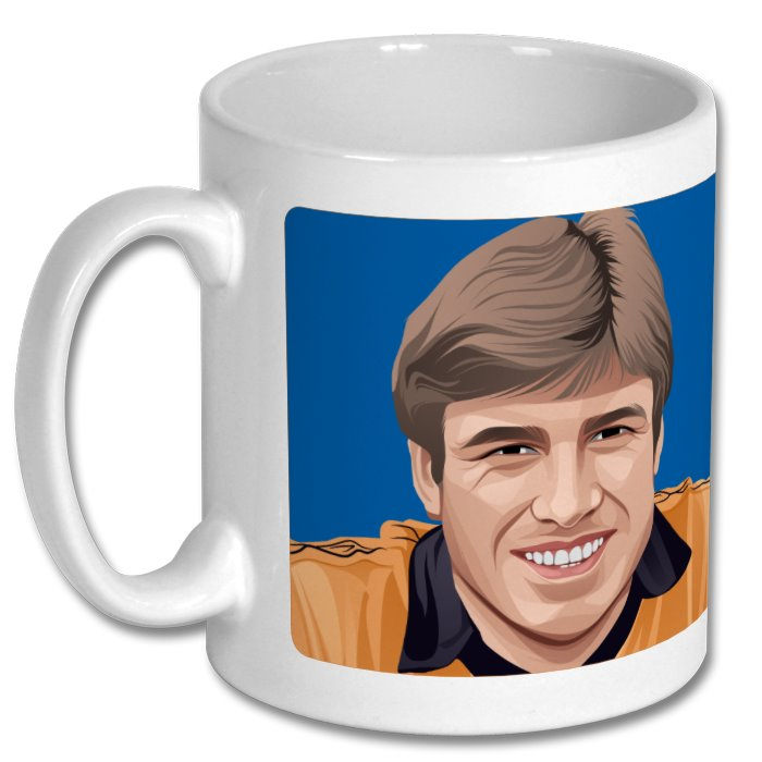 Retrotext 11oz glossy white mug featuring a graphic illustration of Emlyn Hughes in a Wolves kit