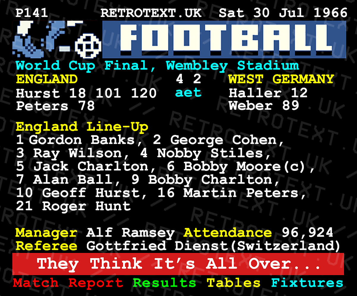 Retrotext England 1966 World Cup final teletext design on a glossy white 11oz ceramic mug