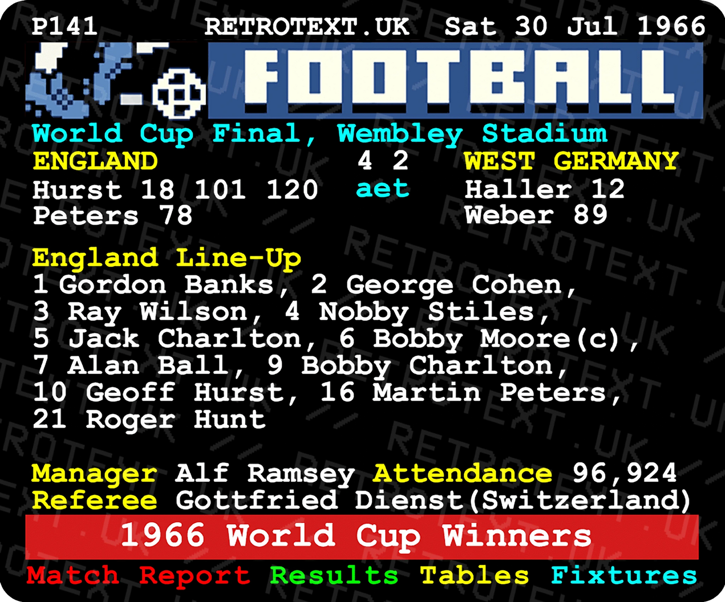 Retrotext 1966 World Cup final England vs West Germany teletext design on a glossy white ceramic mug