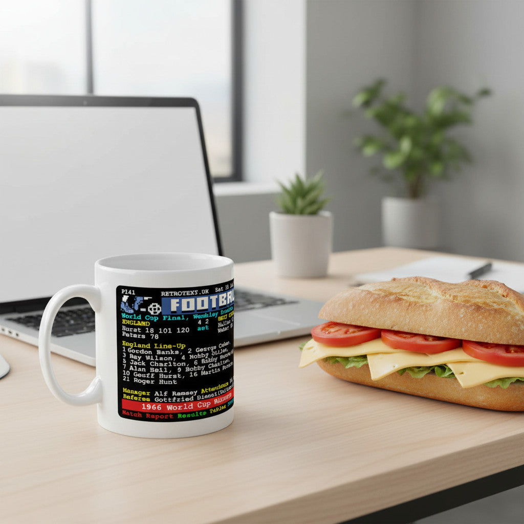Retrotext 1966 World Cup England football ceramic mug featuring teletext match details on a desk with a sandwich