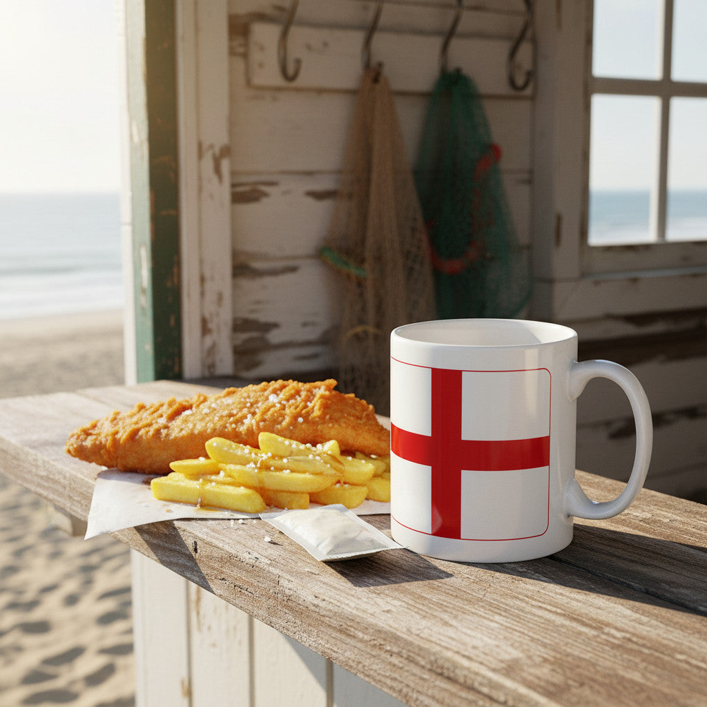 Retrotext England 1966 World Cup ceramic mug with St George flag design next to fish and chips on a beach shack counter