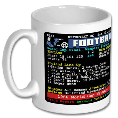 Retrotext England 1966 World Cup Winners ceramic mug featuring a vintage 1980s teletext football match report design.