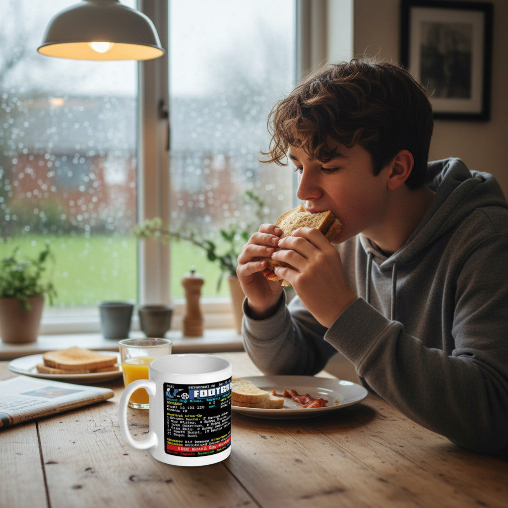 Retrotext England 1966 World Cup Geoff Hurst teletext design mug on a wooden table next to a boy eating toast