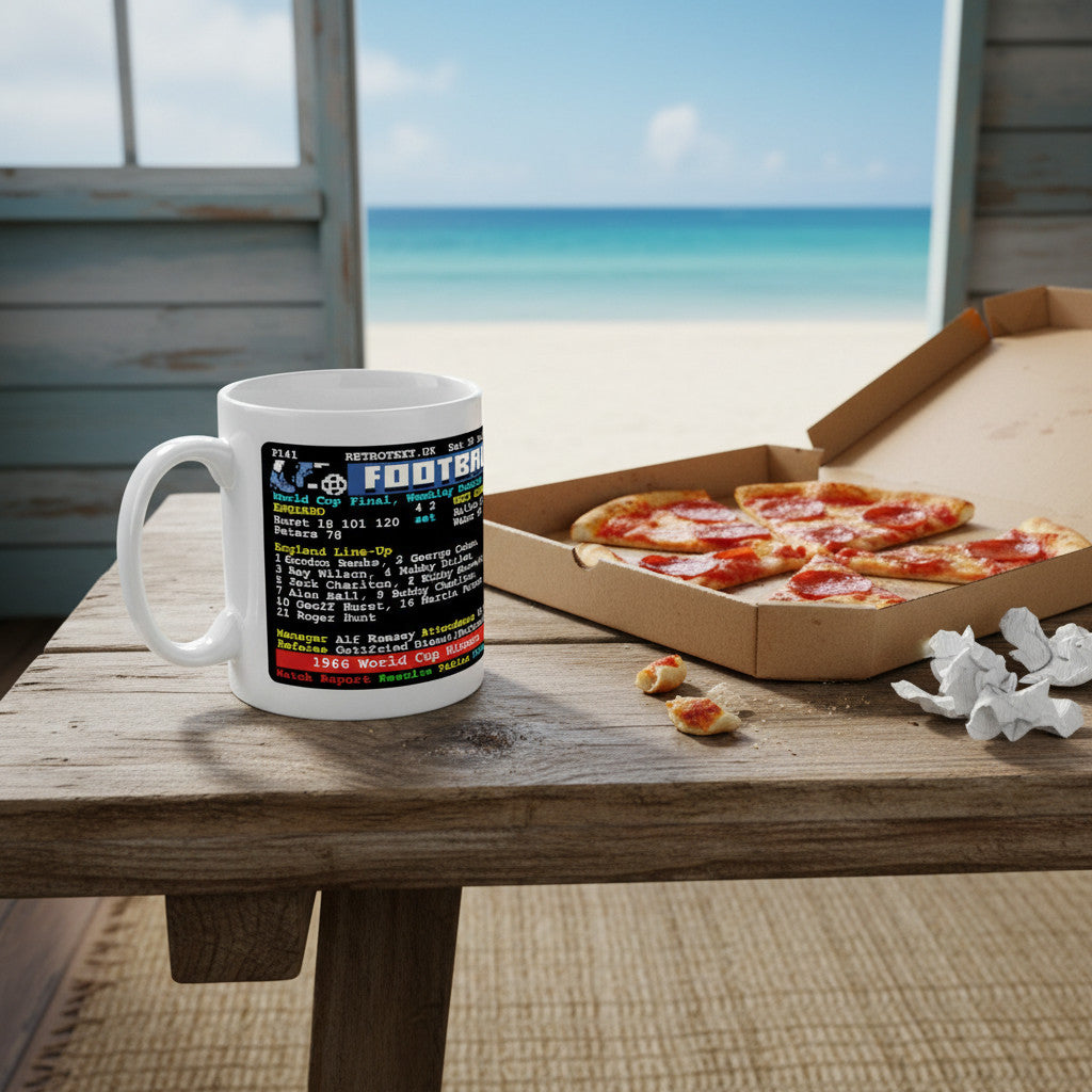 Retrotext 11oz glossy white ceramic mug featuring England 1966 World Cup teletext design on a wooden table by the beach