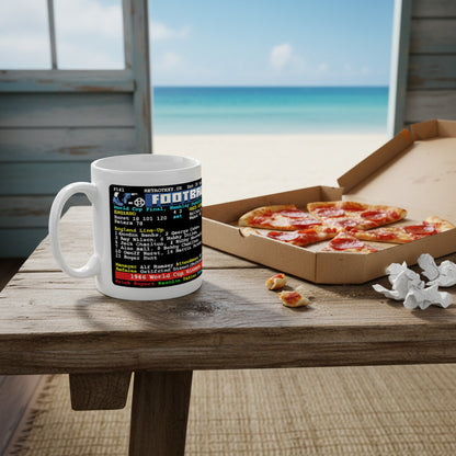 Retrotext 11oz glossy white ceramic mug featuring England 1966 World Cup teletext design on a wooden table by the beach