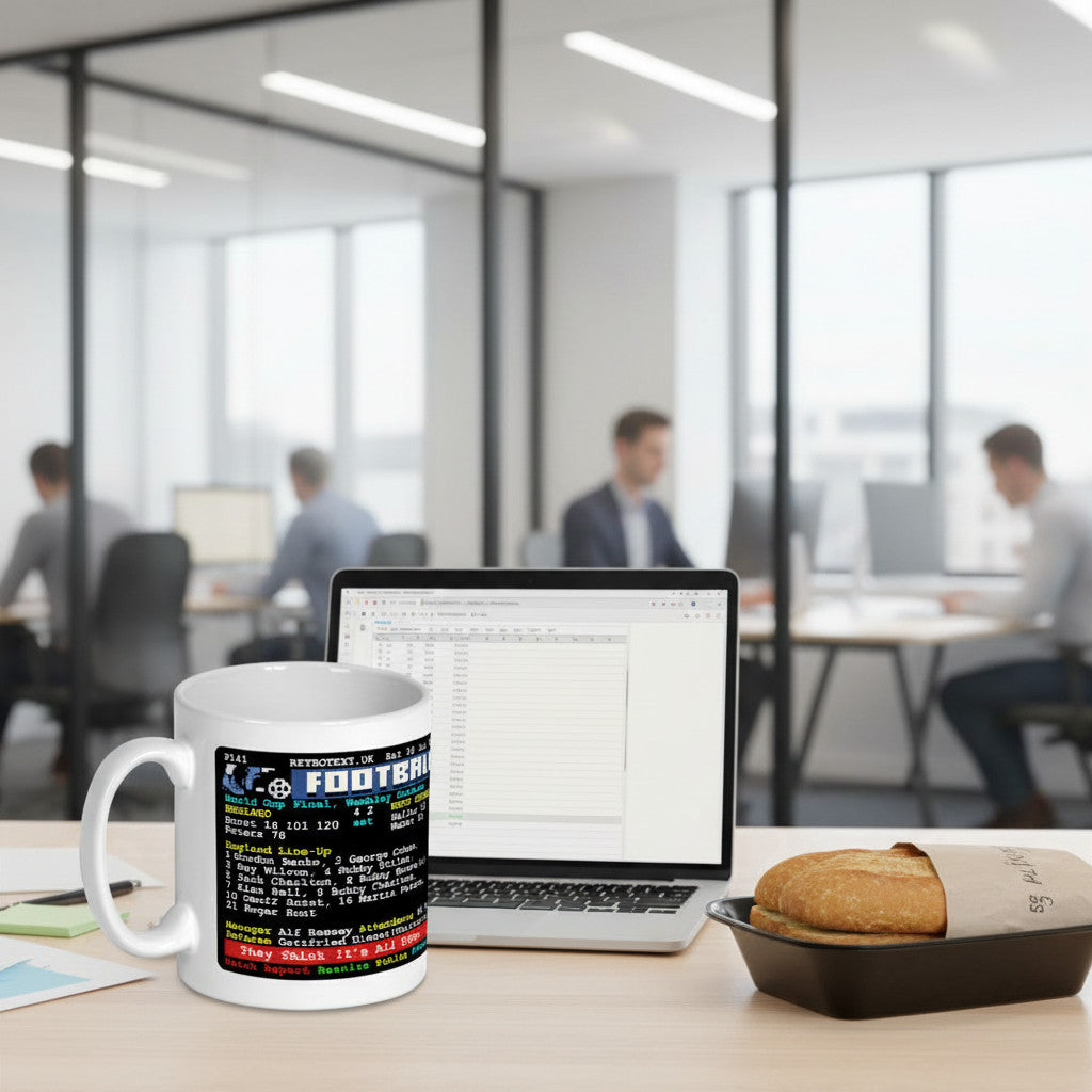 Retrotext England 2022 Women's Euro winners teletext design mug on an office desk next to a laptop and lunch.