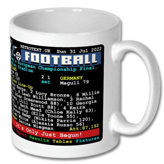 Retrotext England 2022 Women's European Championship winners glossy white ceramic mug with teletext score design