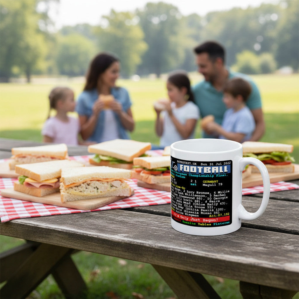 Retrotext England 2022 Women's Euro winners teletext design mug on a picnic table with a family in the background.