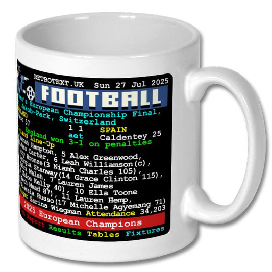 Retrotext glossy white 11oz mug featuring a retro teletext-style England 2025 European Championship winners design.