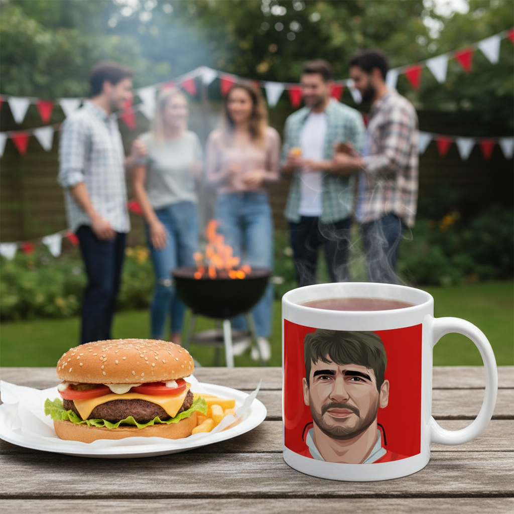 Retrotext Manchester United 1994 FA Cup Eric Cantona illustration on a white ceramic mug next to a burger outdoors