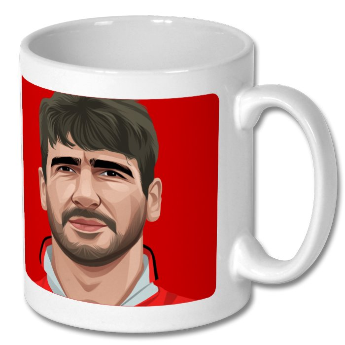 Retrotext white ceramic mug featuring a vibrant illustration of Eric Cantona in his Manchester United kit