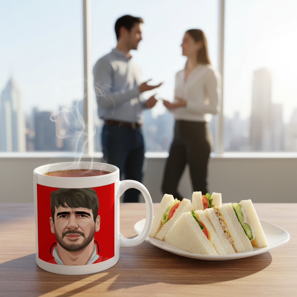 Retrotext Manchester United Eric Cantona 1996 FA Cup ceramic mug with steam on a wooden table next to sandwich plate
