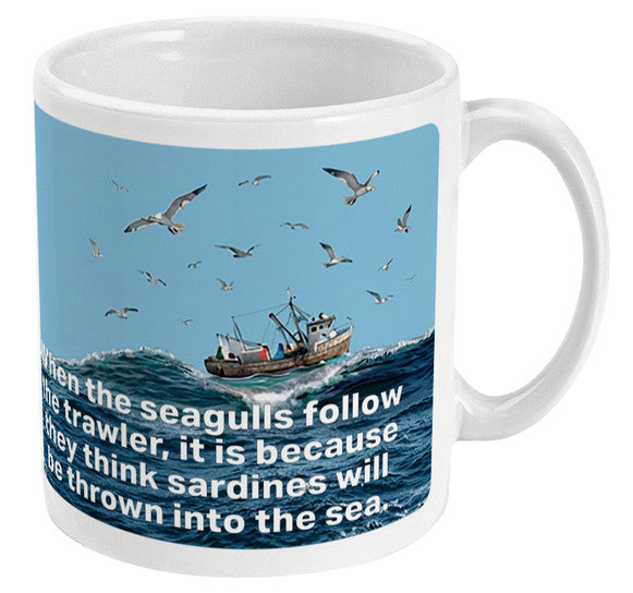 Retrotext 11oz glossy white ceramic mug featuring Eric Cantona's famous seagulls and sardines quote and trawler art.