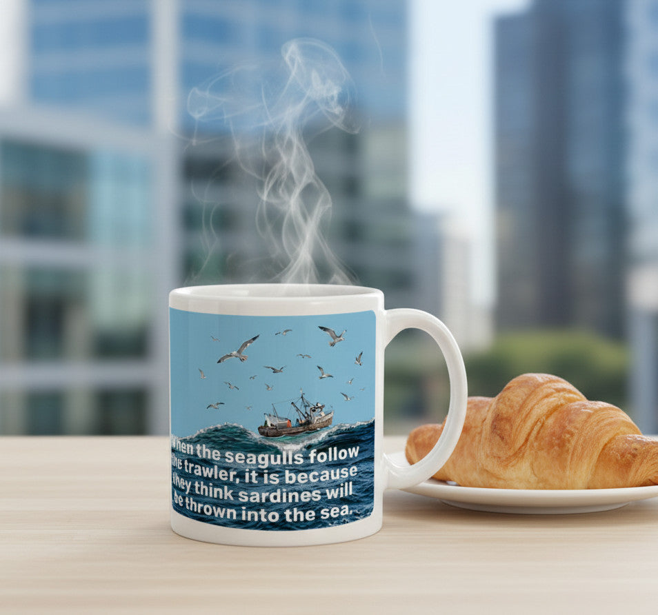 Retrotext 11oz glossy white mug featuring the iconic Eric Cantona seagulls and sardines quote and trawler illustration