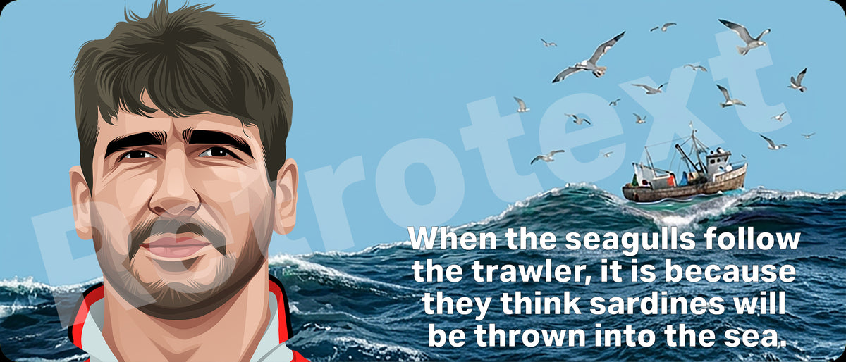 Retrotext 11oz glossy white mug featuring an Eric Cantona illustration with the famous seagulls and sardines quote.