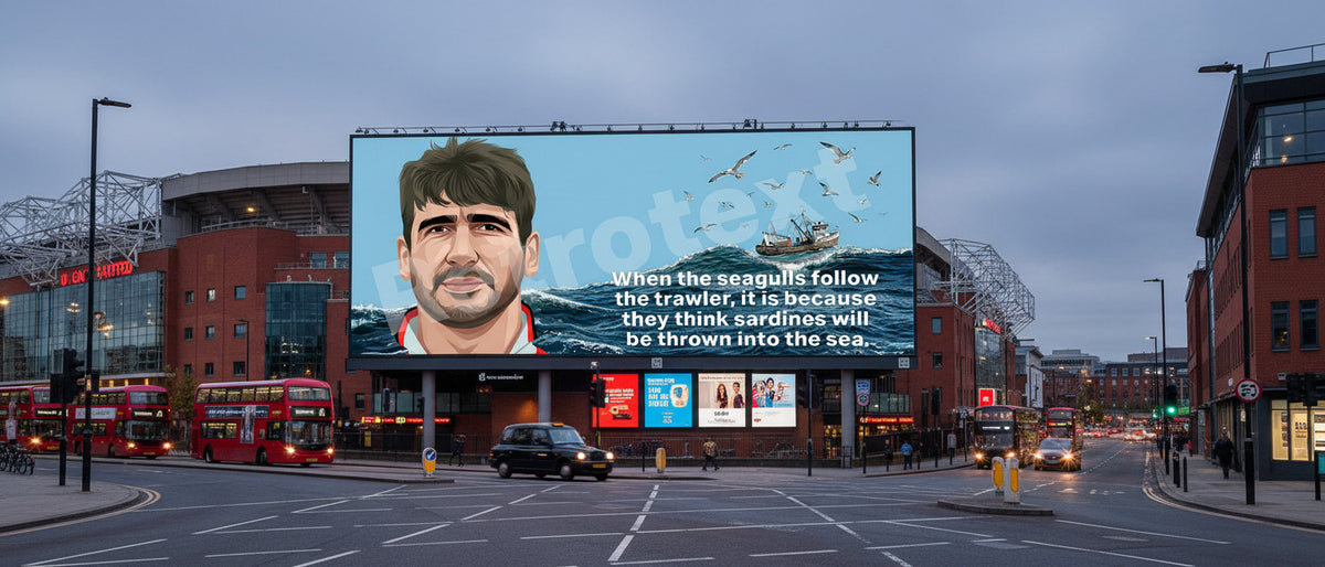 Retrotext mug featuring Eric Cantona illustration and his famous seagulls and sardines quote on a glossy white finish